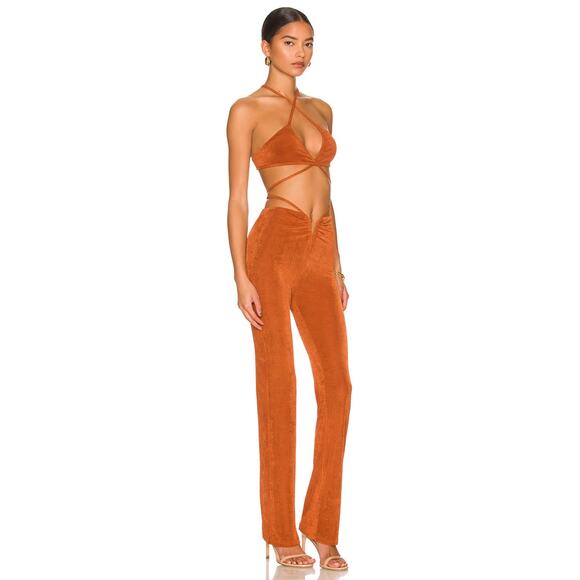 Superdown Irene Strappy Pant Set Brown Slinky Jersey 2pc Ruched Sheen Sz XL - Picture 4 of 13